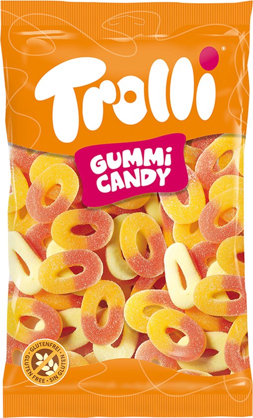 Oranje verpakking met Trolli Gummi Candy perzikringen. Gevuld met snoepjes.
