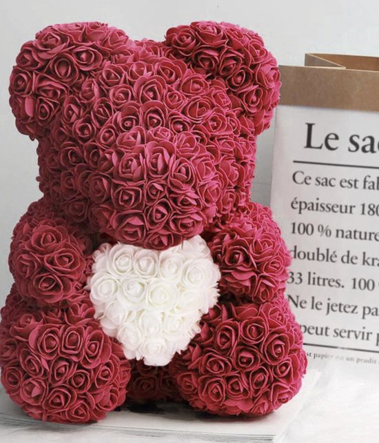 Donkerrode teddybeer met witte hart/ bloemen beer / teddy beer/Valentijnsdag...  | bol