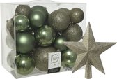 26x stuks kerstballen met ster piek - mosgroen - kunststof - 6, 8, 10 cm