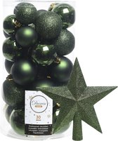 Decoris kerstballen 30x stuks - donkergroen 4/5/6 cm kunststof mat/glans/glitter mix en kunststof piek 19 cm