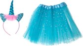 Kinder verkleedkleren / carnaval outfit unicorn glitters met tutu blauw - Verkeedset voor kinderen - Met haarband en tutu