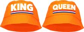 King en Queen bucket zonnehoedjes oranje katoen voor Koningsdag/ EK/ WK / Holland - Setje voor man en vrouw
