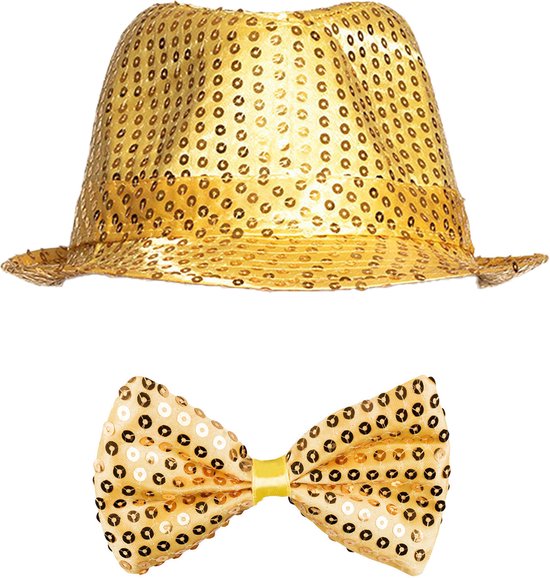 Gouden glitter hoed en -vlinderstrik