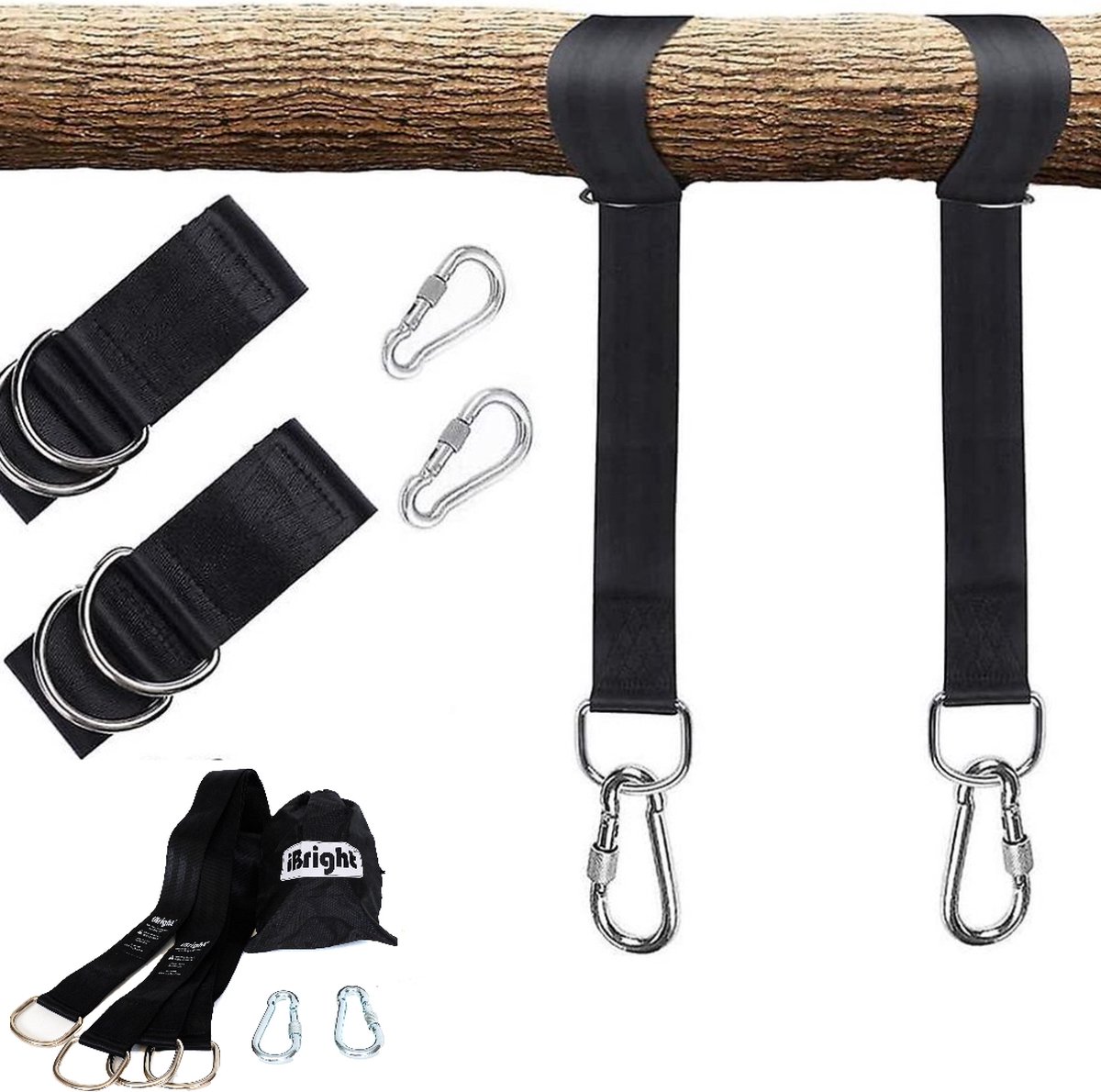 iBright Ophangsysteem Hangmat, Hangstoel / Schommel - Bevestigingsset Inclusief Haken - Karabijnhaak - Hangmat Standaard -Schommelophangset - Hangmat Ophangsysteem -150cm - Tot 1000kg