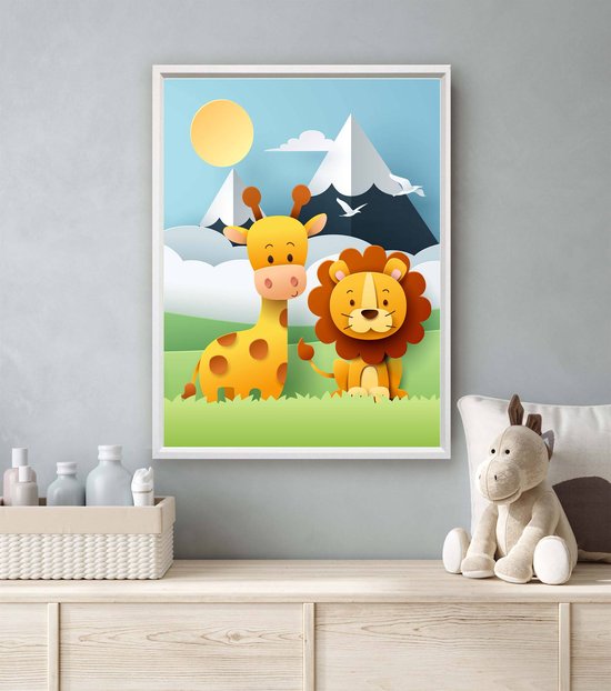 Postercity - Poster Set 3 Giraf Olifant Cheeta Zebra In De Jungle Aquarel Waterkleur Dieren Jungle Poster Kinderkamer Babykamer 80x60cm