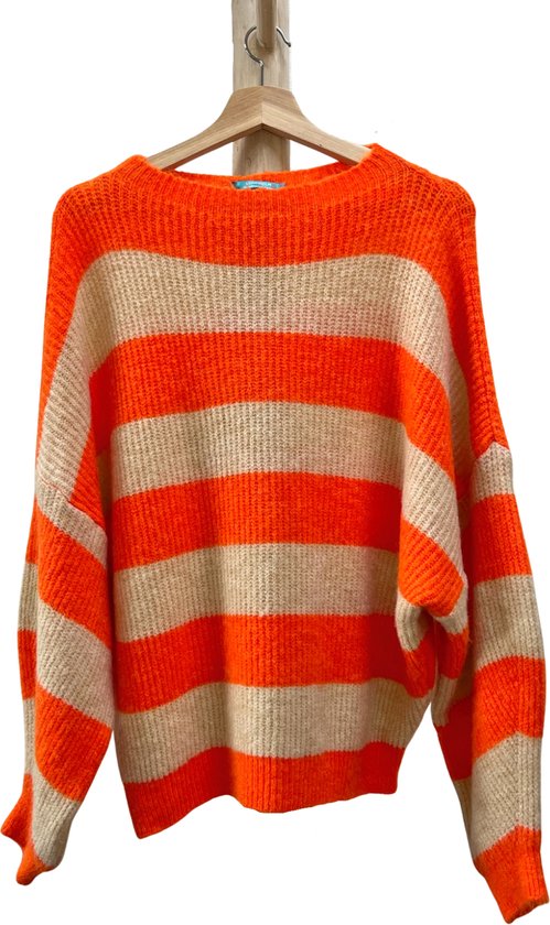 Lundholm Sweater Dames trui oranje beige gestreept - gebreide truien dames oversized trui dames knitted scandinavische trui dames | Lundholm Linköping collectie