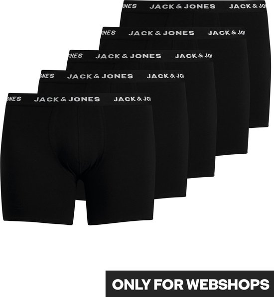Vijf zwarte boxershorts van Jack & Jones met herhalend logo op de tailleband.