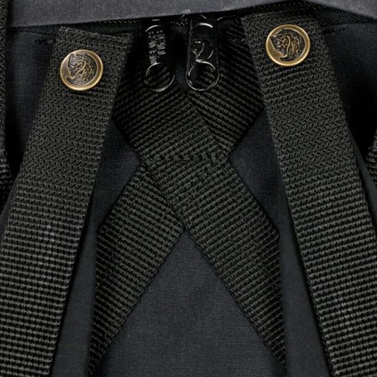 Detail van de bovenkant van een zwarte Fjällräven Kånken rugzak met ritsen en knopen.