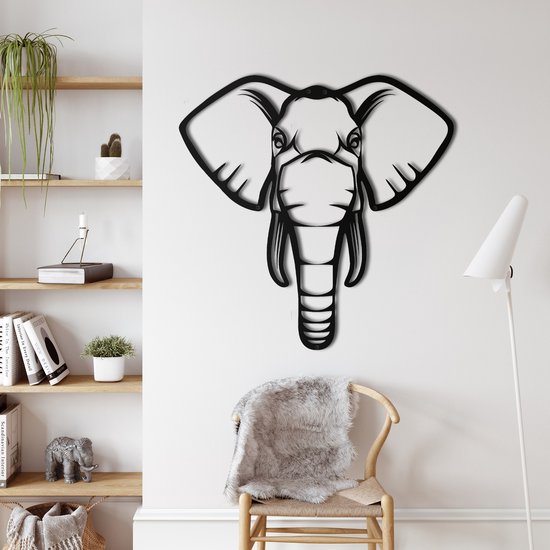 Wanddecoratie | Olifant Hoofd / Elephant Head| Metal - Wall Art | Muurdecoratie | Woonkamer | Buiten Decor |Zwart| 60x60cm