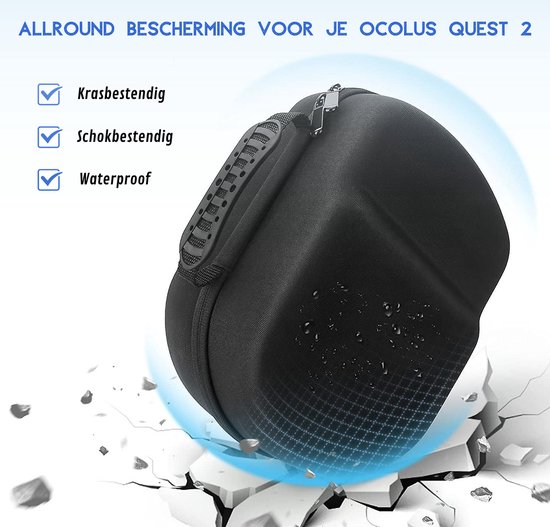Zwarte, waterdichte draagkoffer voor Oculus Quest 2, met kras- en schokbestendigheid, afgebeeld in vallend puin.