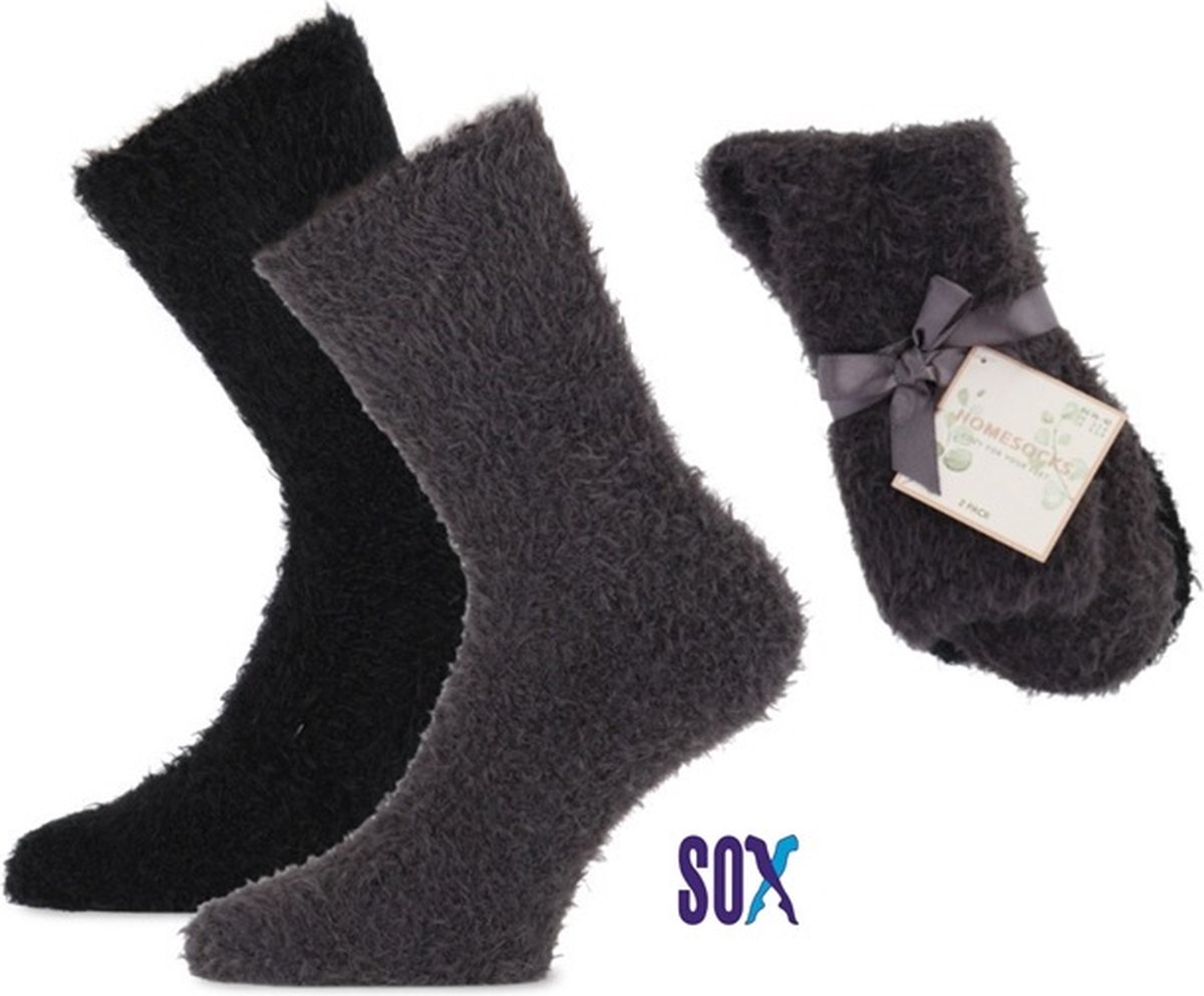 SOX SuperSoft 2 PACK Huissok Bedsok Comfy sok Warm up Antraciet/Zwart Dames 37/42 met niet knellende boord