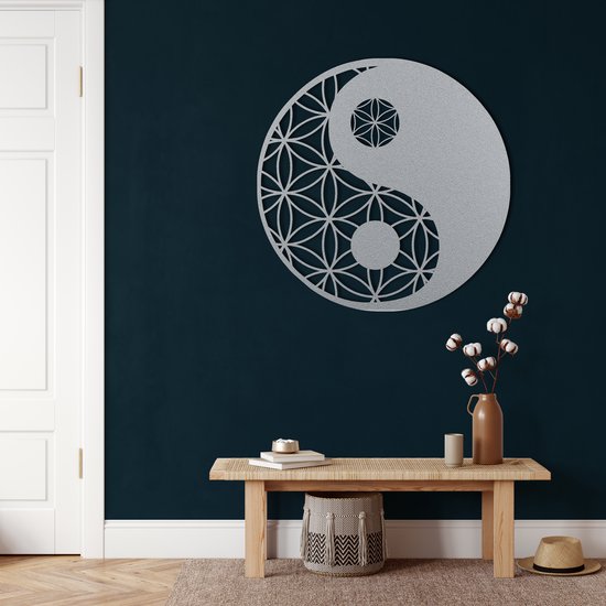 Wanddecoratie | Yin Yang | Metal - Wall Art | Muurdecoratie | Woonkamer | Buiten Decor |Zilver| 60x60cm