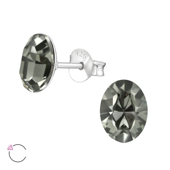 Joy|S - Zilveren ovaal oorbellen - 6 x 9 mm - La Crystale grijs antraciet - black diamond kristal - oorknoppen