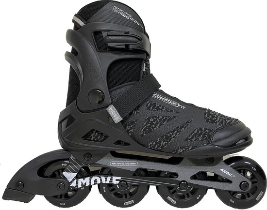 Zwarte skeeler met camouflageprint, 'COMFORT FIT', 'MOVE' en 'ABEC' logo's.