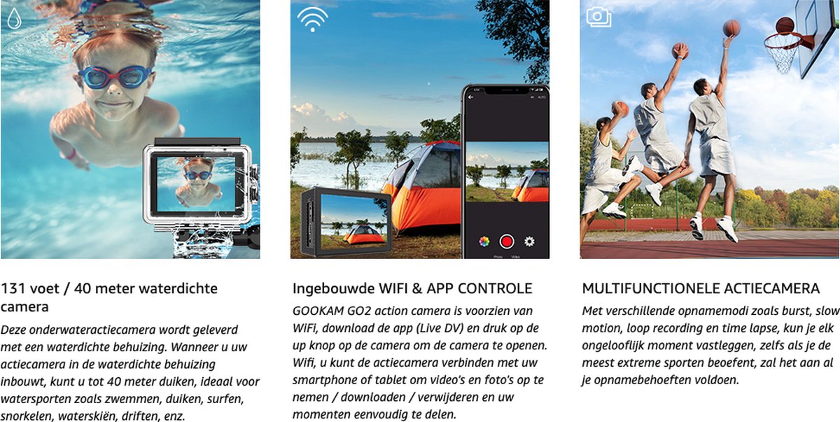 Gookam® - GO2 Action Camera 4K met Microfoon - 40 Meter Gookam® - GO2 Action Camera 4K met Microfoon - 40 Meter