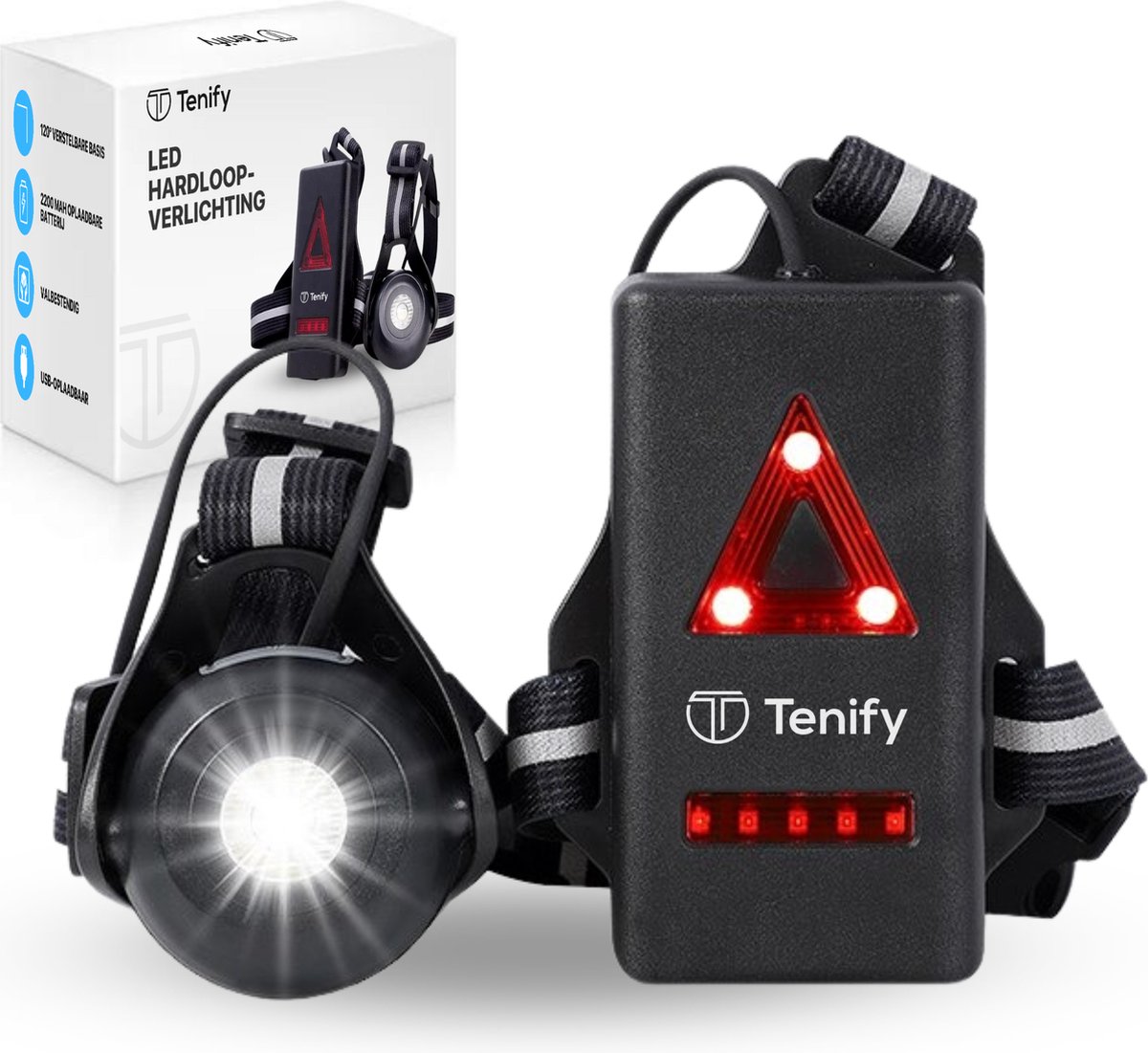 Tenify LED Hardloop Verlichting - USB Oplaadbaar - Verstelbaar - Reflecterend - Voor en Achter - Hardloopvest - Borstlamp - Vest - Lichtjes - Wandel Lampjes