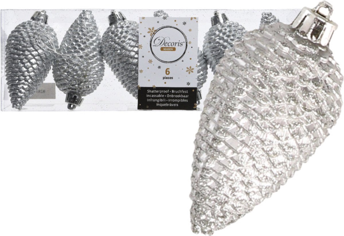 Decoris Kerstboom decoratie kerstbal dennenappels zilver 6 stuks