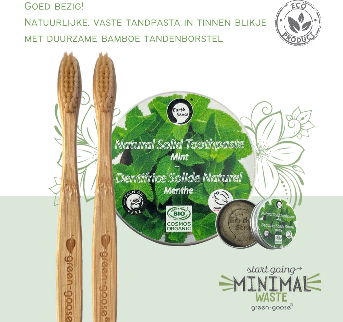 green-goose Tandverzorging Pakket | 60 Vegan Mint Tandpasta Tabletten in Glazen Pot | 2 Bamboe Tandenborstels
