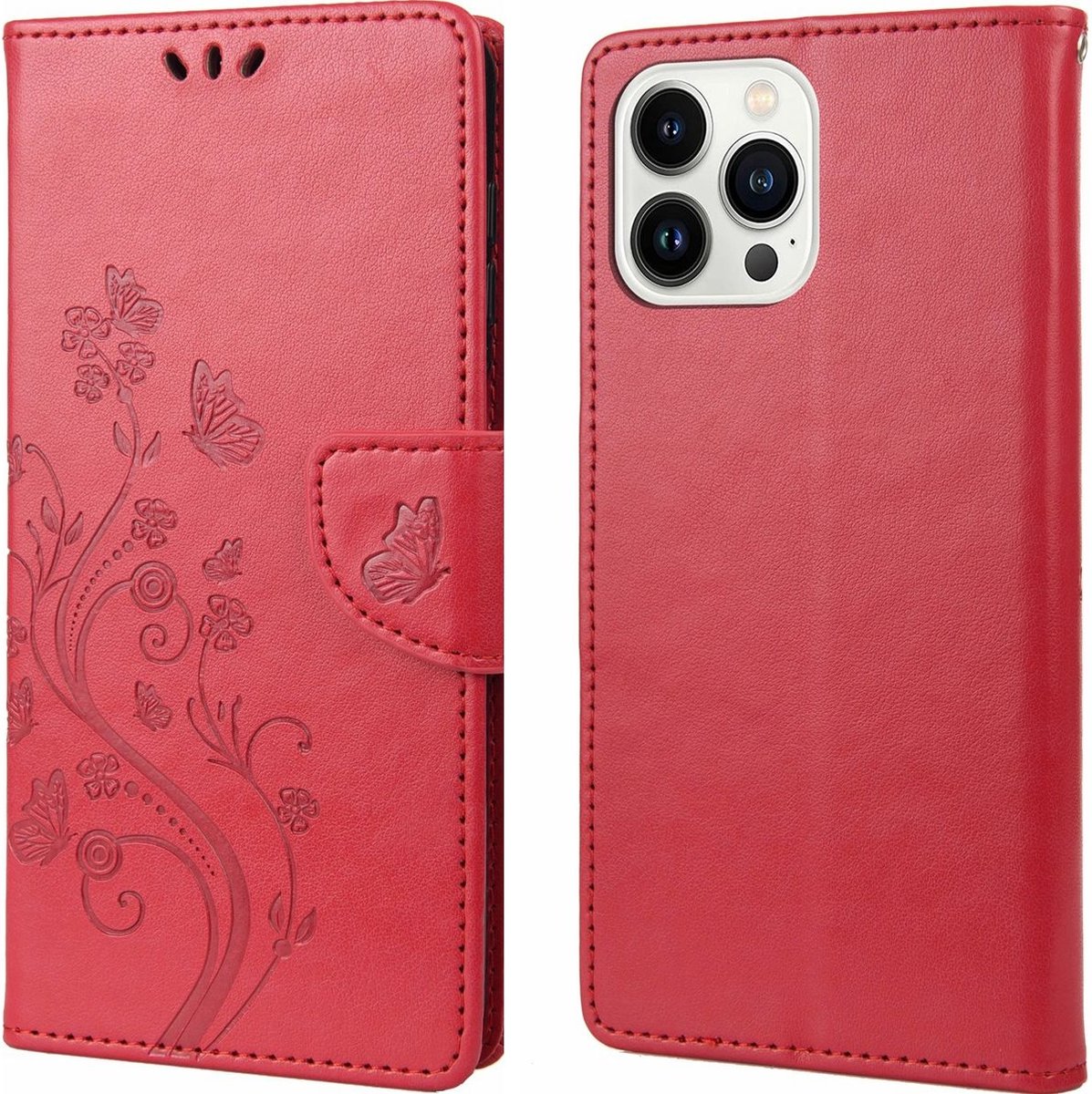 Mobigear Telefoonhoesje geschikt voor Apple iPhone 14 Pro Max Hoesje | Mobigear Flowers Bookcase Portemonnee | Pasjeshouder voor 3 Pasjes | Telefoonhoesje voor Pinpas / OV Kaart / Rijbewijs - Rood
