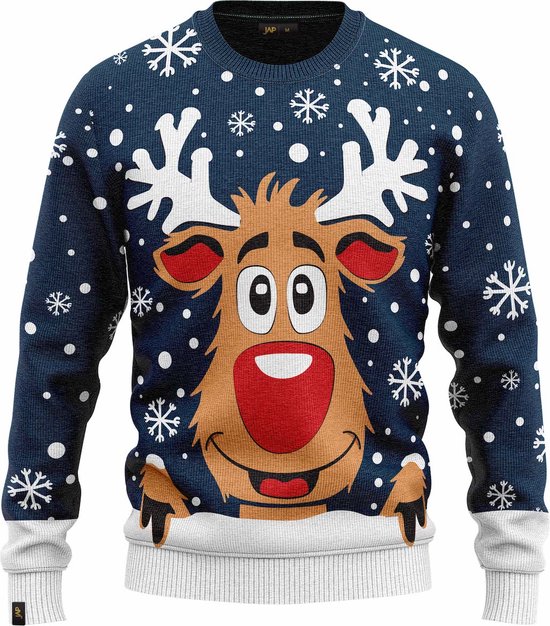 JAP Christmas Kersttrui (maat L) - 100% Gerecycled - Kriebelt niet - Kerstcadeau volwassenen - Foute Kersttrui dames en heren - Rudolf het Rendier - Donker blauw