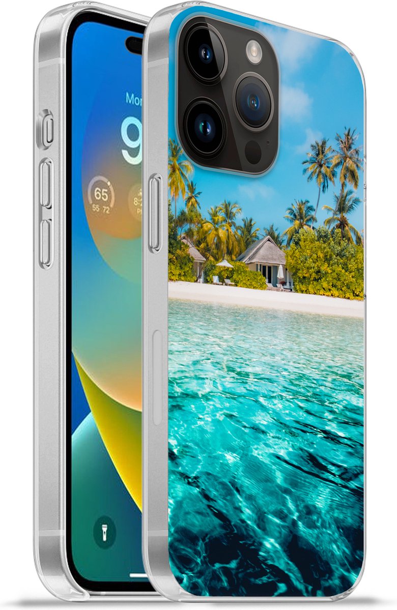 Telefoonhoesje Geschikt voor Apple Iphone 14 Pro Max hoesje - Strand - Palmbomen - Zee - Siliconen Telefoonhoesje Telefoonhoesje