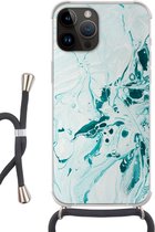 Geschikt voorApple Iphone 14 Pro Max - Crossbody Case - Marmer print - Olieverf - Blauw - Siliconen - Crossbody - Backcover met Koord - Telefoonhoesje met koord - Hoesje met touw