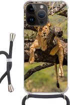 Telefoonhoesje Geschikt voorApple Iphone 14 Pro - Leeuw - Boom - Bruin - Siliconen - Crossbody - Backcover met Koord - Telefoonhoesje met koord - Hoesje met touw