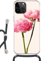 Geschikt voorApple Iphone 14 Pro Max - Crossbody Case - Bloemen - Bloesem - Roze - Siliconen - Crossbody - Backcover met Koord - Telefoonhoesje met koord - Hoesje met touw