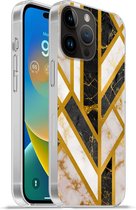 Geschikt voorApple Iphone 14 Pro - Softcase hoesje - Marmer print - Goud - Glitter - Luxe - Siliconen Telefoonhoesje