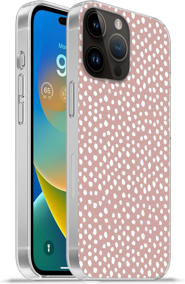 Telefoonhoesje Geschikt voor Apple Iphone 14 Pro hoesje - Stippen - Wit - Roze - Siliconen Telefoonhoesje Telefoonhoesje