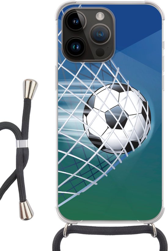 Geschikt voorApple Iphone 14 Pro - Crossbody Case - Een illustratie van een voetbal in het net -Jongens - Meisjes - Kinderen - Siliconen - Crossbody - Backcover met Koord - Telefoonhoesje met koord - Hoesje met touw