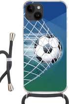 Geschikt voorApple Iphone 14 - Crossbody Case - Een illustratie van een voetbal in het net -Jongens - Meisjes - Kinderen - Siliconen - Crossbody - Backcover met Koord - Telefoonhoesje met koord - Hoesje met touw