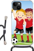 Geschikt voorApple Iphone 14 - Crossbody Case - Een illustratie van twee voetballers die een prijs hebben gewonnen - Jongens - Meisjes - Kind - Siliconen - Crossbody - Backcover met Koord - Telefoonhoesje met koord - Hoesje met touw