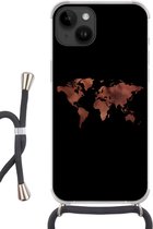 Geschikt voorApple Iphone 14 - Crossbody Case - Wereldkaart - Leer - Zwart - Siliconen - Crossbody - Backcover met Koord - Telefoonhoesje met koord - Hoesje met touw