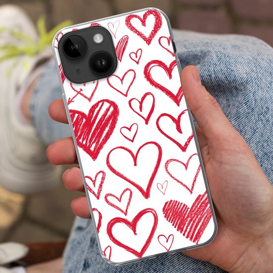 Telefoonhoesje Geschikt voor Apple Iphone 14 hoesje - Een illustratie met verschillende hartjes op een witte achtergrond - Siliconen Telefoonhoesje Telefoonhoesje