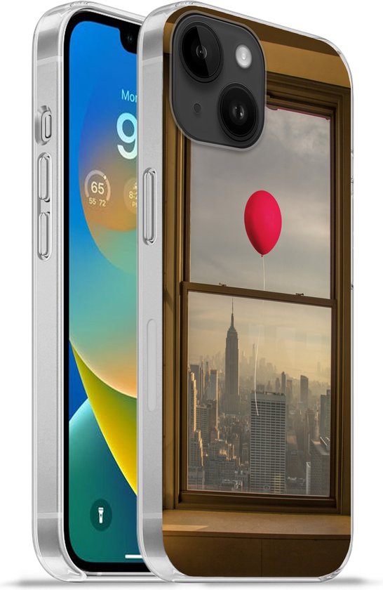 Foto: Telefoonhoesje geschikt voor apple iphone 14 hoesje rode ballon vliegt langs raam in new york siliconen telefoonhoesje telefoonhoesje