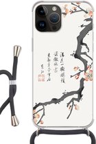 Geschikt voorApple Iphone 14 Pro Max - Crossbody Case - Sakura - Tekens - Japan - Vintage - Siliconen - Crossbody - Backcover met Koord - Telefoonhoesje met koord - Hoesje met touw