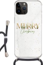 Geschikt voorApple Iphone 14 Pro Max - Crossbody Case - Kerst - Quotes - Merry Christmas - Spreuken - Goud - Siliconen - Crossbody - Backcover met Koord - Telefoonhoesje met koord - Hoesje met touw