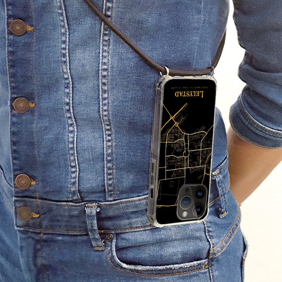 Telefoonkoord - Telefoonketting - Telefoonhoesje Geschikt voorApple Iphone 14 Pro Max - Lelystad - Kaart - Goud - Siliconen - Crossbody - Telefoonhoesje met koord