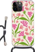 Geschikt voorApple Iphone 14 Pro Max - Crossbody Case - Bloem - Patronen - Blad - Siliconen - Crossbody - Backcover met Koord - Telefoonhoesje met koord - Hoesje met touw