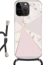 Geschikt voorApple Iphone 14 Pro - Crossbody Case - Marmer print - Goud - Rosé - Siliconen - Crossbody - Backcover met Koord - Telefoonhoesje met koord - Hoesje met touw