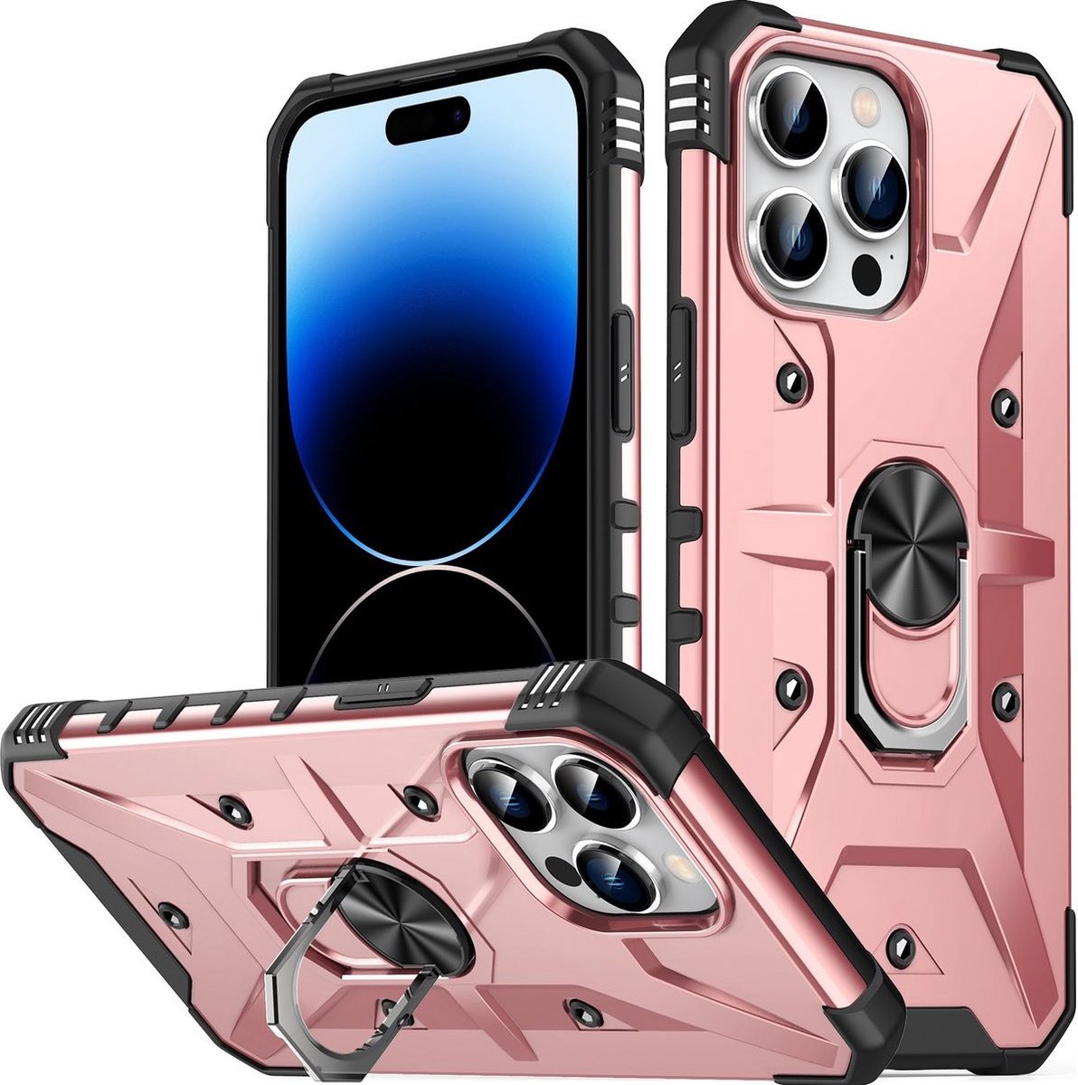 Mobigear Hoesje geschikt voor Apple iPhone 14 Pro Telefoonhoesje Hardcase | Mobigear Armor Ring Backcover Shockproof met Ringhouder | Schokbestendig iPhone 14 Pro Telefoonhoesje | Anti Shock Proof - Roségoud