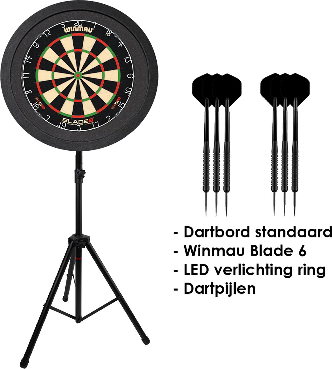 Dragon darts - Portable dartbord standaard LED pakket plus - inclusief Winmau Blade 6 - dartbord - LED surround ring - en - dartpijlen - zwart
