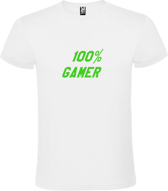 Wit T-Shirt met “ 100 % Gamer “ afbeelding Neon Groen Size XL