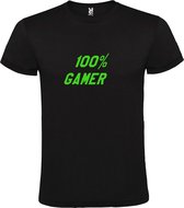 Zwart T-Shirt met “ 100 % Gamer “ afbeelding Neon Groen Size L