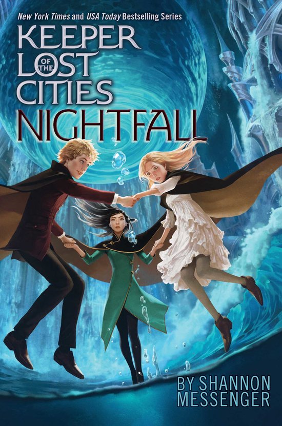 Boekcover van "Nightfall" van Shannon Messenger, met drie jongeren die elkaar vasthouden in een waterwereld.