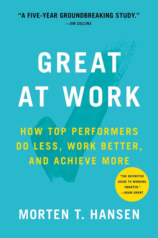Boekhoes: 'Great at Work' in grote witte letters op een blauwe achtergrond. Ondertitels in geel.