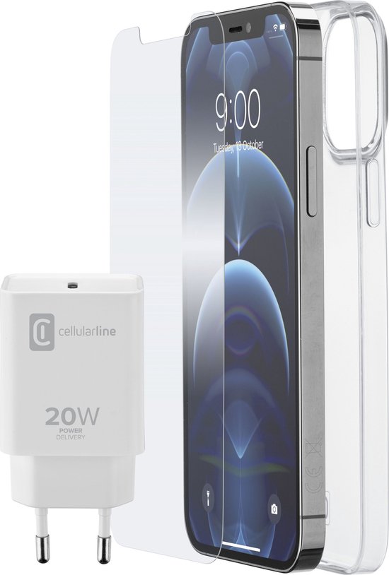 Cellularline - iPhone 12 Pro Max, starter kit reislader usb-c 20W, transparant hoesje, SP