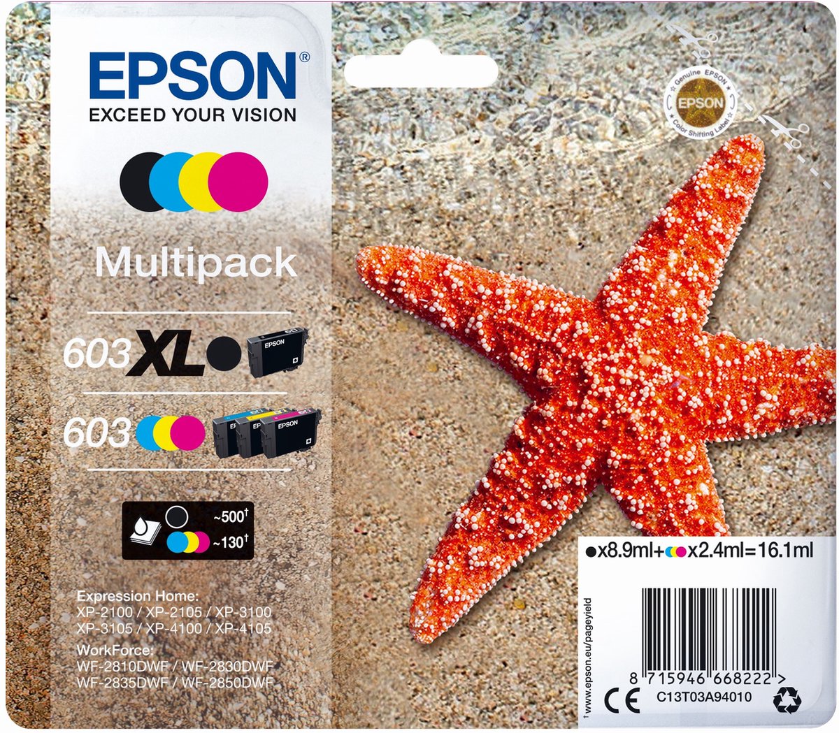 Epson 603 XL inktcartridge 1 stuk(s) Origineel Hoog (XL) rendement Zwart, normaal rendement Cyaan, Magenta, Geel
