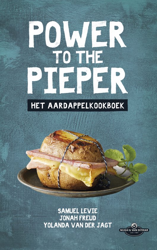 Boek 'Power to the Pieper', een aardappelkookboek. Met een gevulde aardappel op de voorgrond.